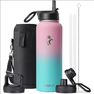 32 oz Insulated Water Bottle with Straw&3 Lids, Coolflask Stainless Steel Metal Flask Wide Mouth